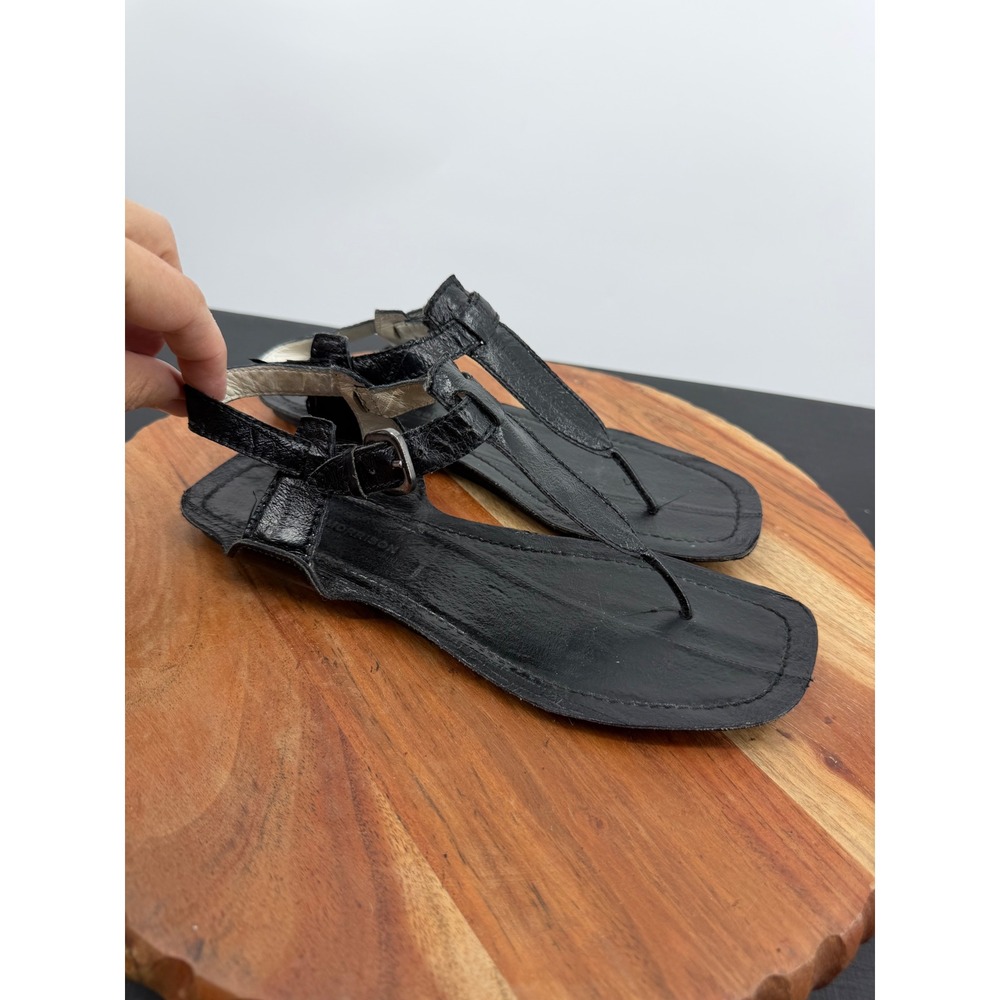 Sigerson Morrison T-Strap Flat Sandals Womens 6.5 Black Leather Square Toe Italy